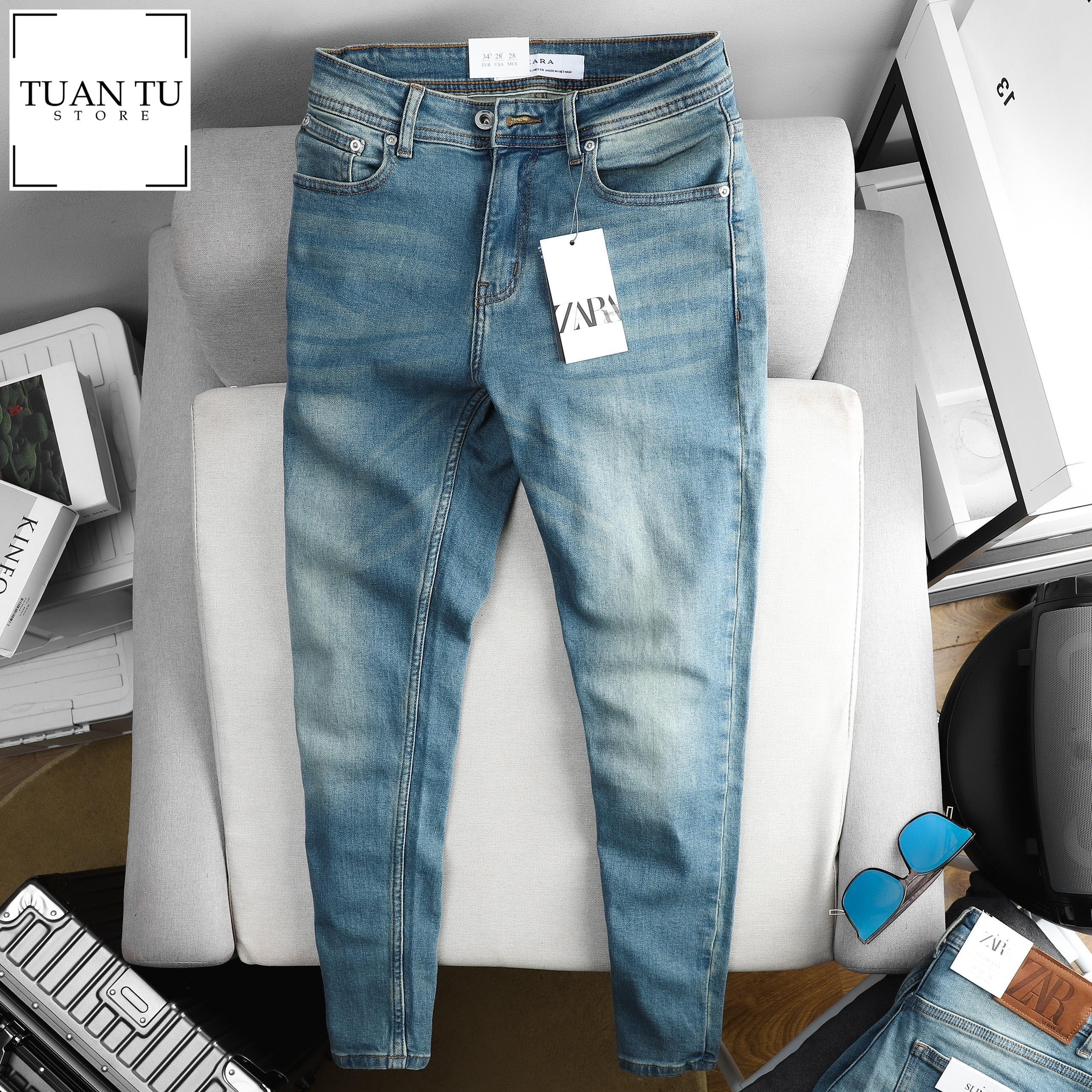 Quần jean dài zra nam xanh rêu, form slimfit ôm nhẹ, vải co giãn, ống côn 15-18cm, hàng vnxk zr001 - tuantustore.com