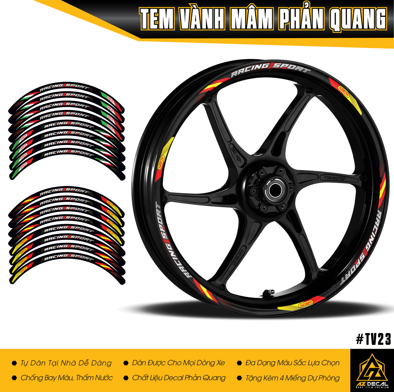 Tem dán vành xe mẫu racing sport | tv23 | decal dán mâm xe máy, xe điện, xe thể thao...chống thấm nước, chống bay màu | azdecal