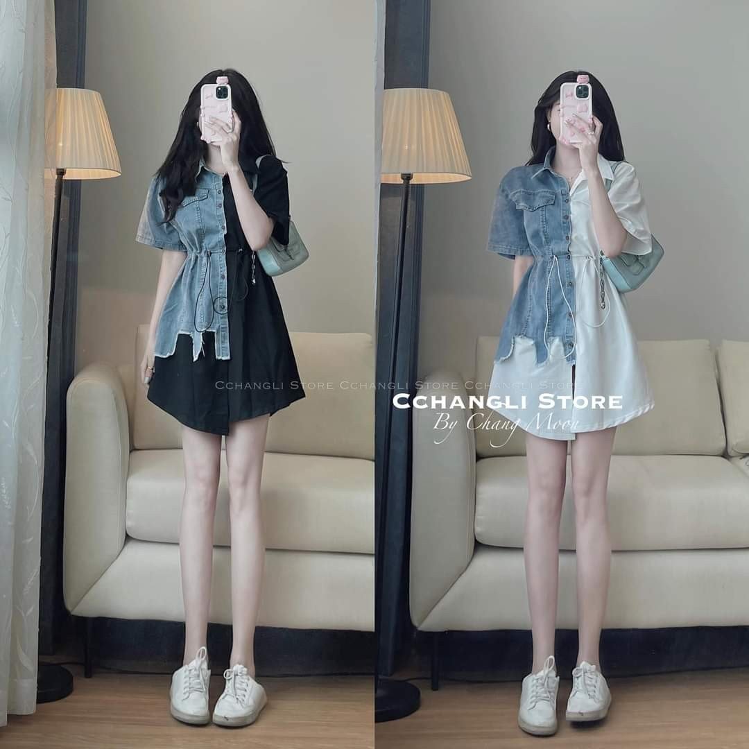 Váy sơ mi Hàn Quốc Váy kiểu kẻ dọc 2 màu dáng mini cộc tay