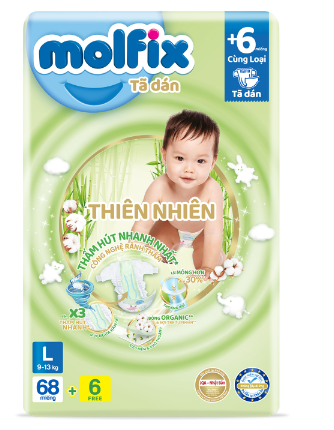 Bỉm/ tã dán molfix size l 68+6 miếng