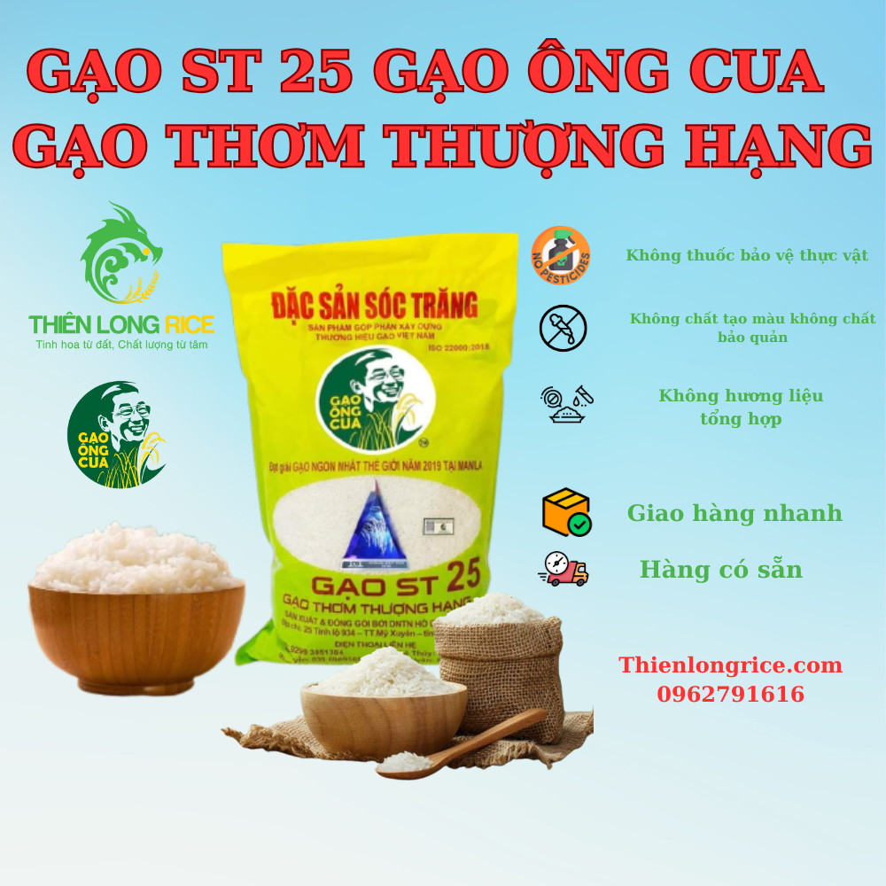 Gạo ST25 Chính hiệu Hồ Quang Cua, (NSX MỚI NHẤT) Gạo ngon nhất thế giới (túi 5kg)