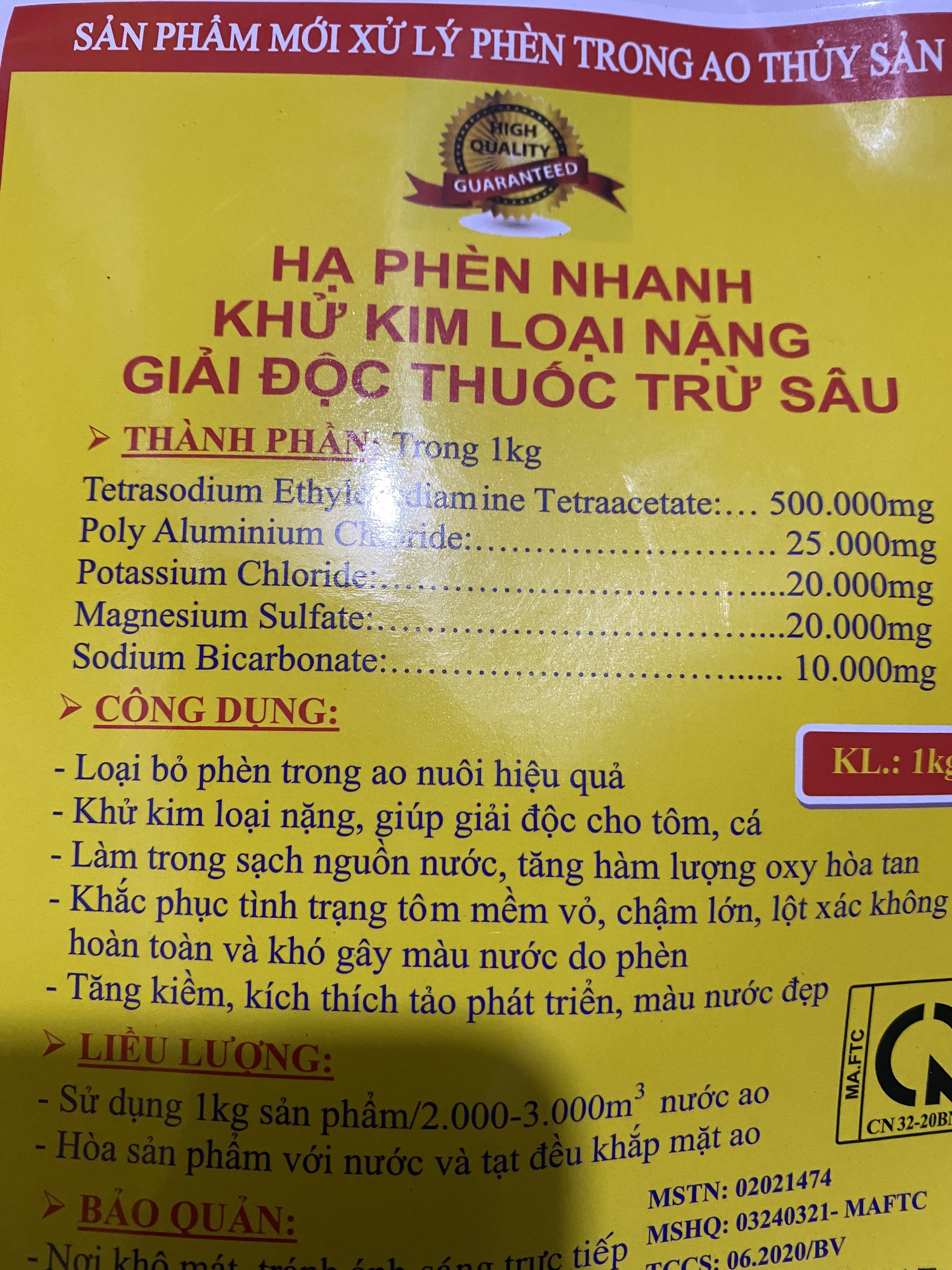 Hạ phèn dùng hạ phèn ao nuôi, trung hòa các ion kim loại nặng ao nuôi cá tôm, biovet gói 1kg