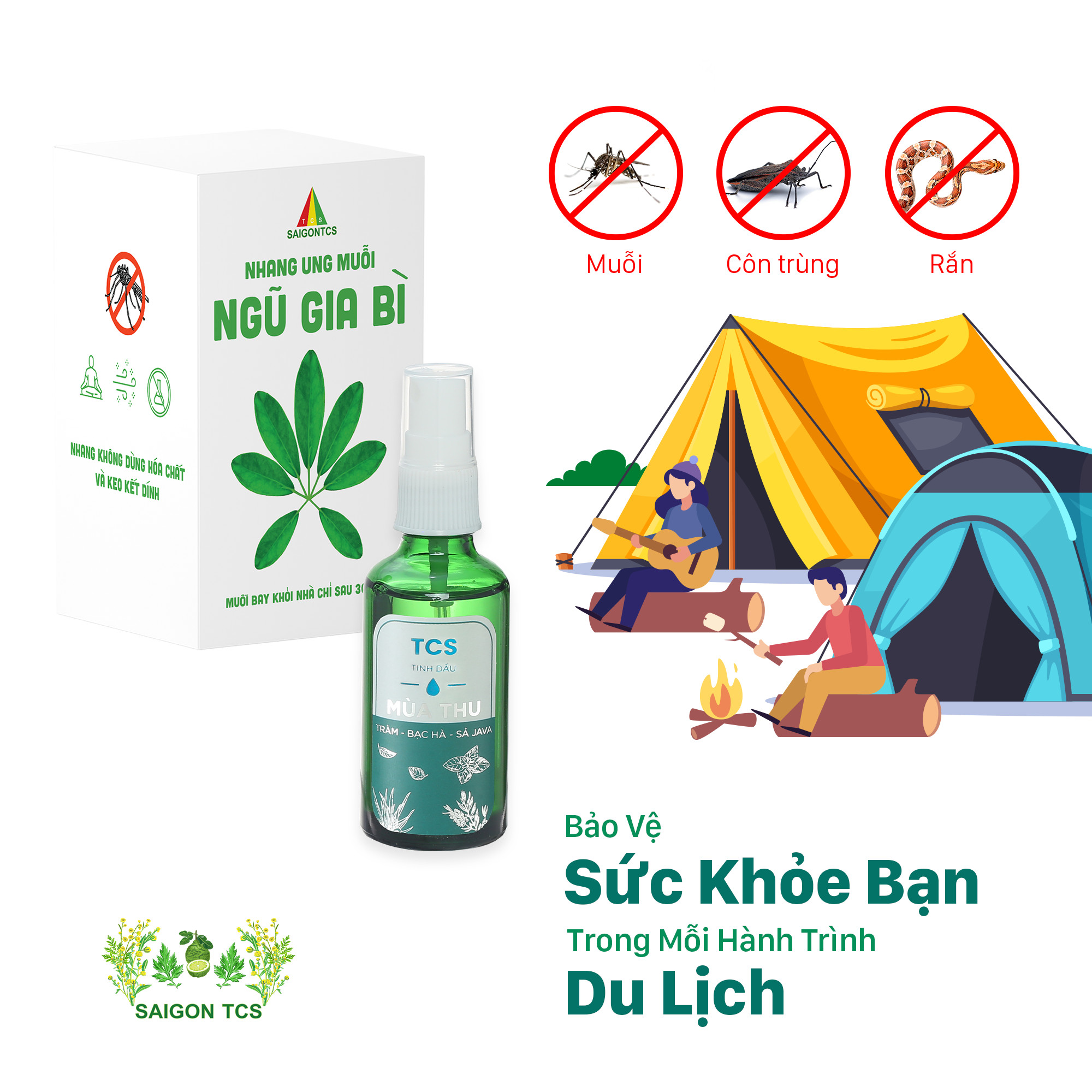Combo đuổi muỗi, đuổi côn trùng -tinh dầu mùa thu tcs và nhang ung muỗi ngũ gia bì