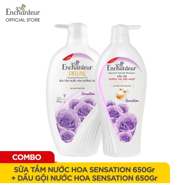 Combo dầu gội và sữa tắm enchanteur hương nước hoa 650g mầu tím