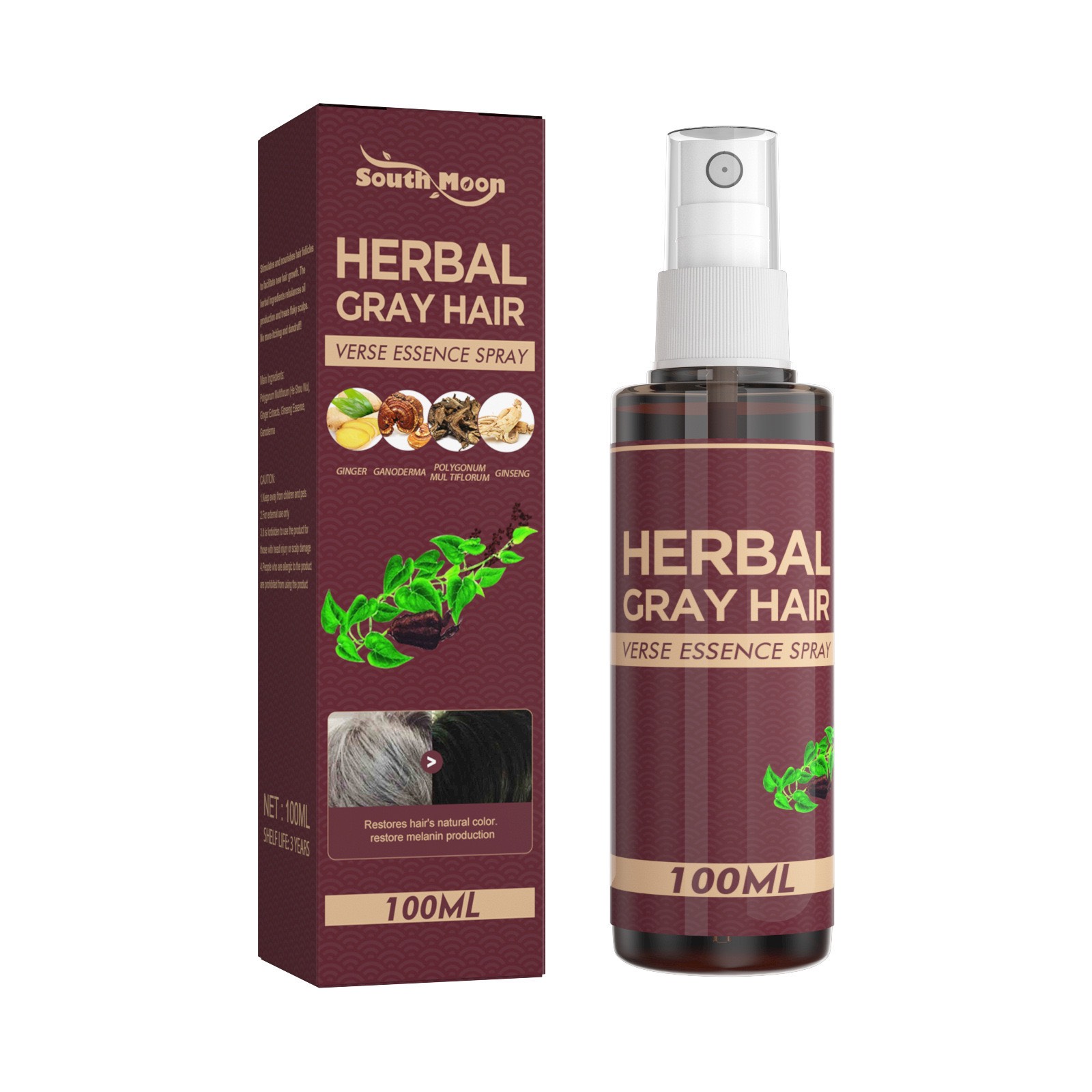 Xịt Đen Tóc Herbal, Tinh Chất Linh Chi Đen Tóc Herbal, Herbal Gray Hair, Serum Phủ Bạc Làm Đen Tóc A