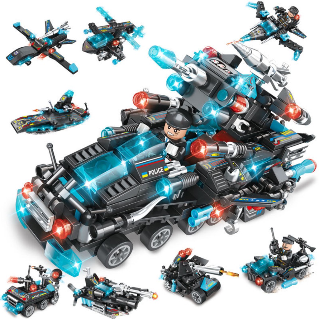 Bộ đồ chơi xếp hình lắp ghép lego xe swat, lego oto, lego robot, lego tàu chiến, lego máy bay