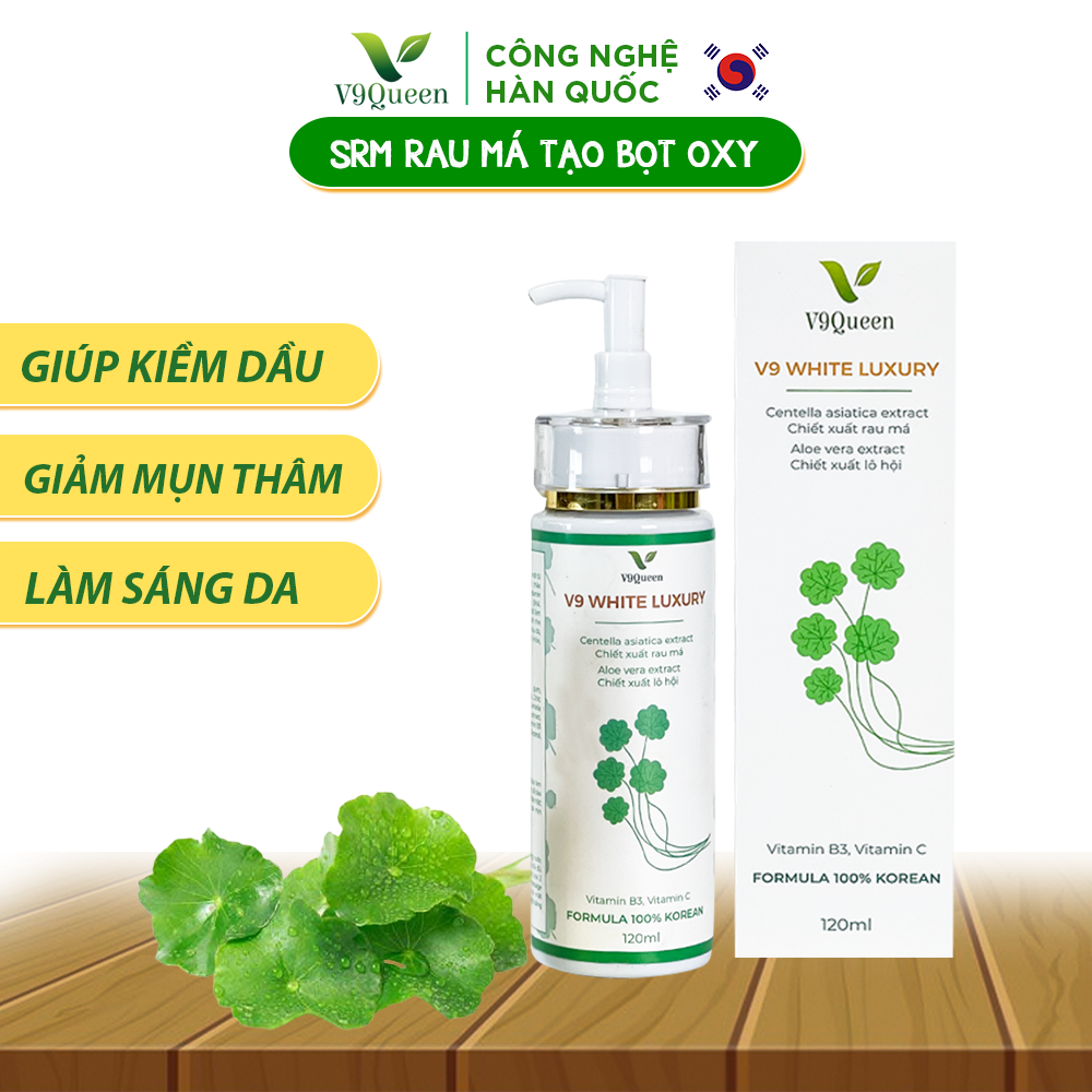 Sữa Rửa Mặt Kiềm Dầu Giảm Mụn V9Queen, Sủi Bọt Rau Má Giúp Dưỡng Trắng Da Và Căng Bóng Da 120ml