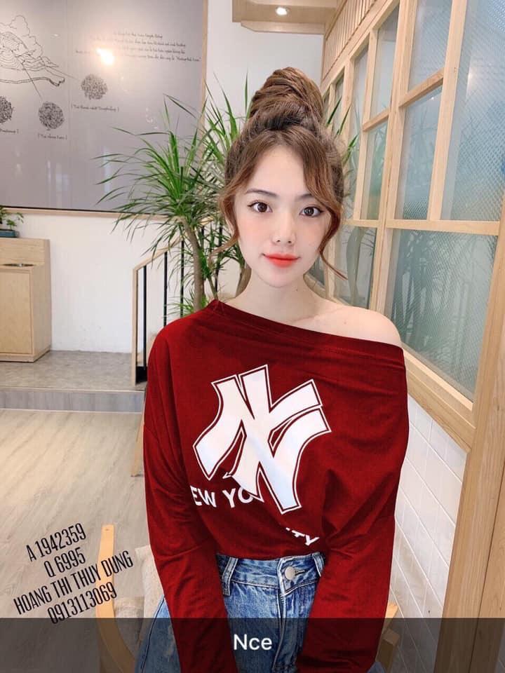 Áo thun tay dài in chữ cá tính, áo lệch vai tay dài siêu xinh k2235