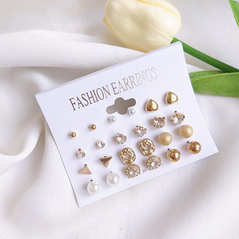 Set 12 đôi bông tai hoa cao cấp dễ thương kiểu hàn quốc khuyên tai nụ