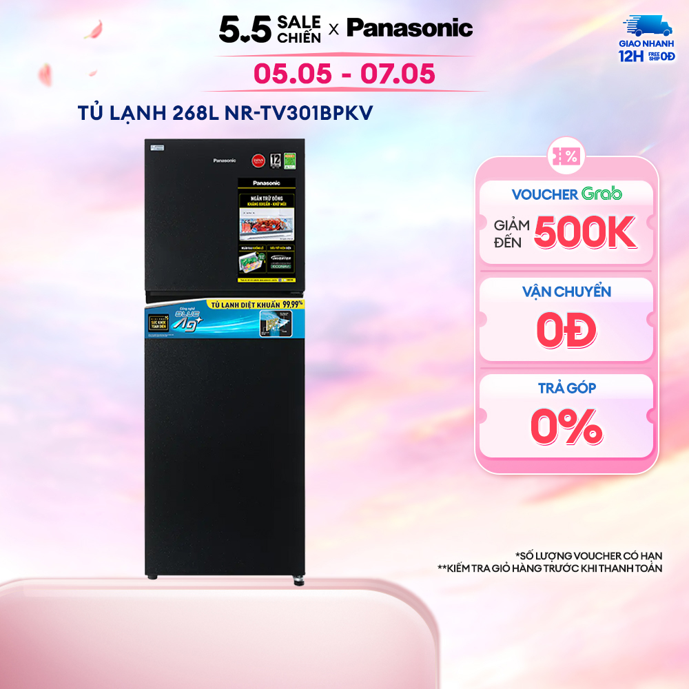 [Trả góp 0%] Tủ Lạnh 2 Cánh Panasonic 268  lít NR-TV301BPKV - Diệt vi khuẩn 99.99% - Bảo Hành 2 Năm - Hàng Chính Hãng