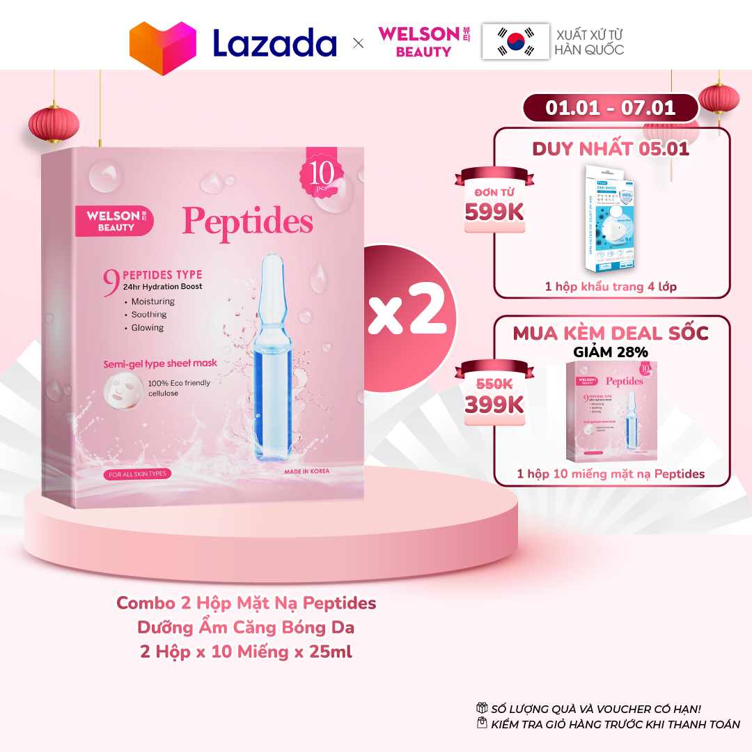 Combo 2 hộp mặt nạ peptides dưỡng ẩm căng bóng da 2 hộp x 10 miếng x 25ml