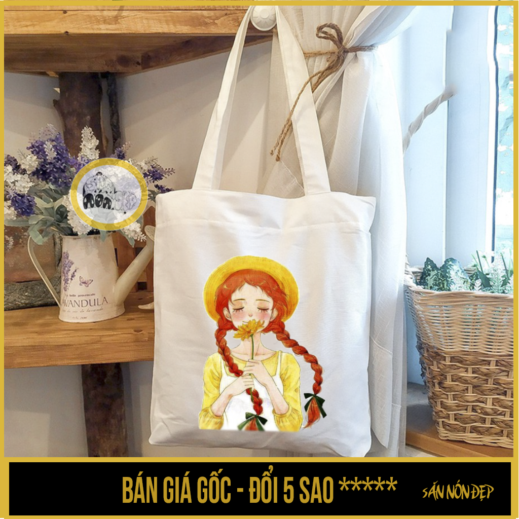 Túi Tote túi vải túi canvas VUÔNG 31x34cm in hình cô gái hoa mặt trời - Săn Nón đẹp