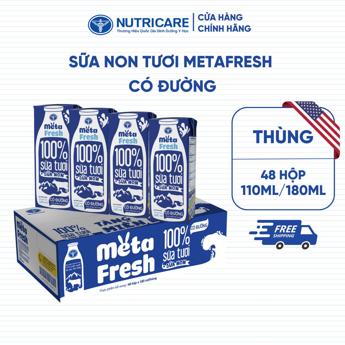 Thùng 48 Hộp Sữa Tươi NUTRICARE Meta Fresh Có Đường Sữa Tươi Tiệt Trùng Bổ Sung Sữa Non Không Sử Dụng Chất Bảo Quản