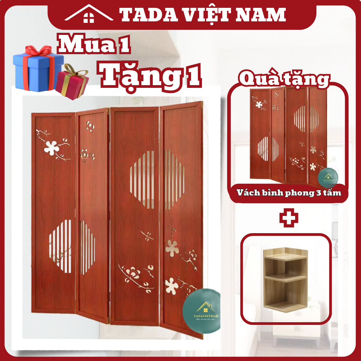 Vách bình phong ngăn phòng, hoa văn đào mai gỗ MDF thương hiệu TADA Việt Nam-TDVN22