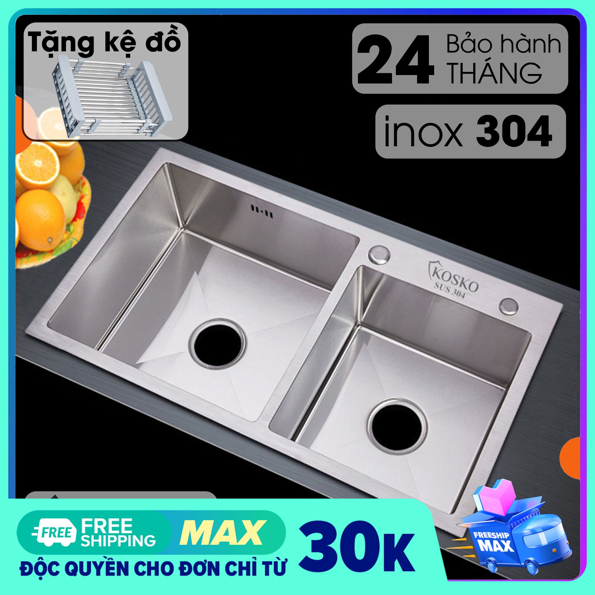 Chậu rửa bát inox 304 KOSKO Đúc Nguyên Khối 82 x 45cm 2 hố lệch (Khuyến mãi kệ đồ) Bảo hành 2 năm, 1 đổi 1 trong 7 ngày [Chưa có vòi rửa]