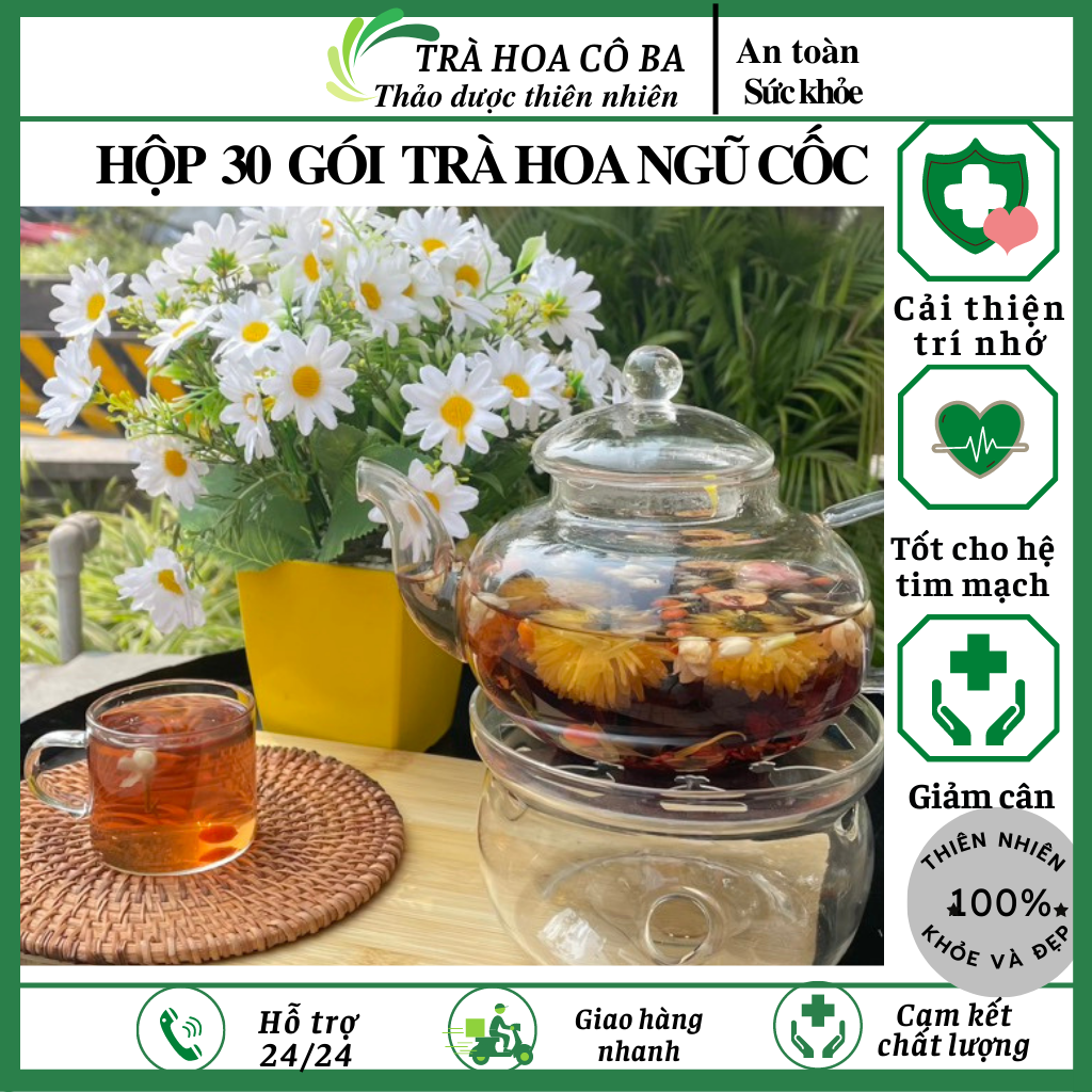 Trà gạo lứt, trà hoa ngũ cốc giảm cân Hộp 30 gói Trà Hoa Cô Ba
