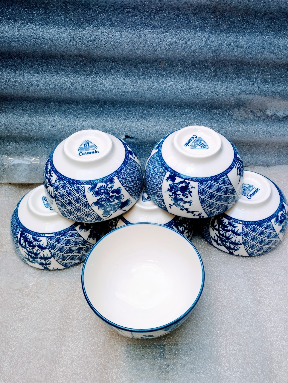 Combo 10 chén sứ hoa văn in 4D mẫu bông xanh sọc