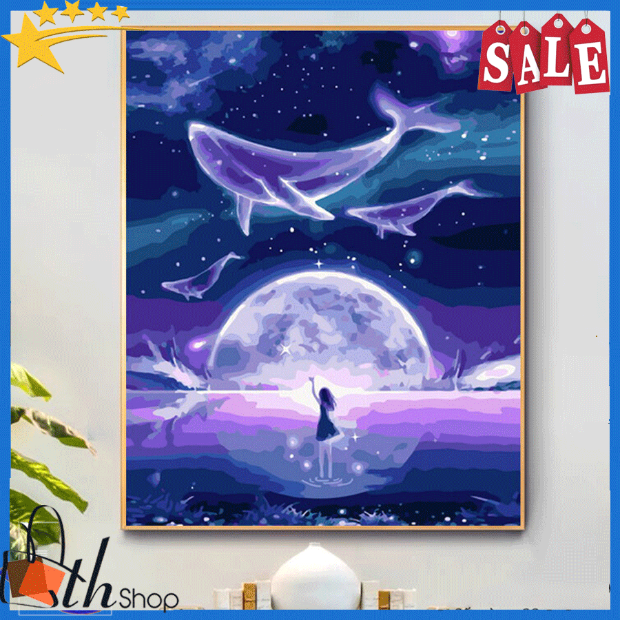 [CÓ KHUNG GỖ] Tranh tự tô màu theo số sơn dầu số hóa Gam tím vũ trụ trừu tượng cá voi xanh, tranh trang trí treo tường kích thước cỡ lớn 50x40cm