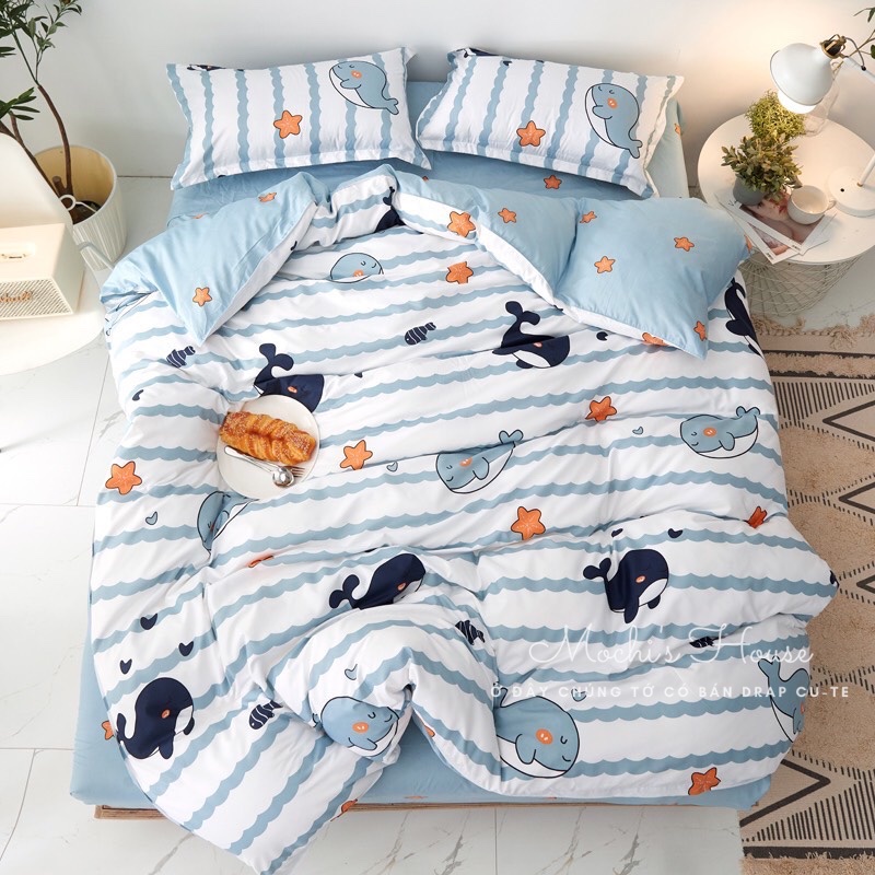 Bộ chăn ga gối coton poly mẫu cá voi siêu xinh