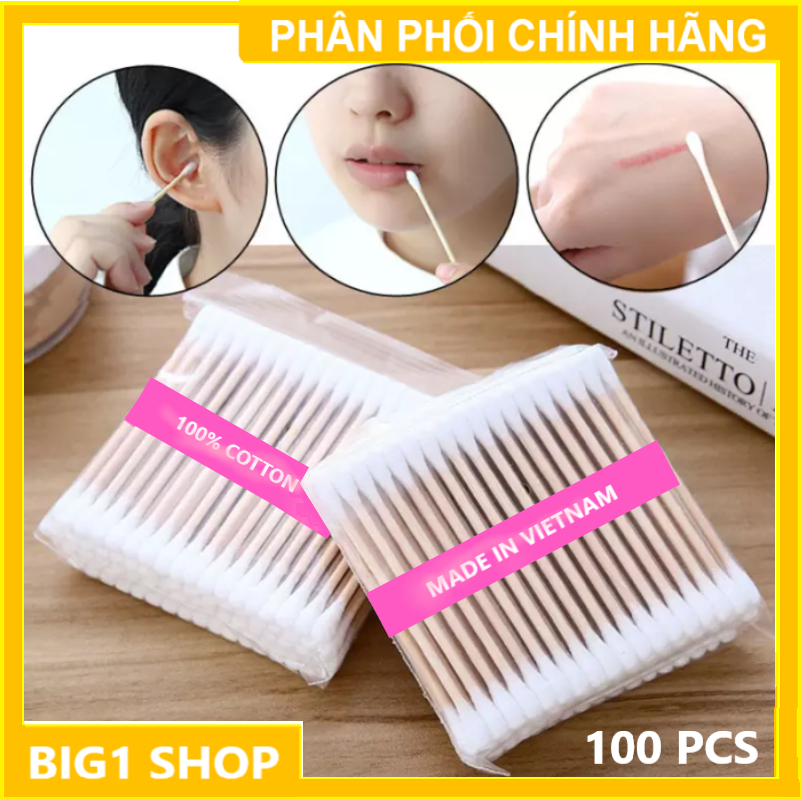 [BÁN CHẠY] Combo 3 Gói (Tổng 300 cây) Tăm bông thân Gỗ 100 Que Loại 1 kháng khuẩn 100% Cotton cao cấp an toàn thân thiện - Hàng Việt Nam Xuất Khẩu SAFEMALL