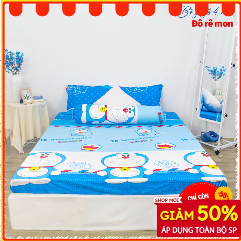 Bộ ga giường 💖m6/m8💖 drap giường poly, ga trải giường + 2 vỏ gối nằm đơn giản doremon Bedding