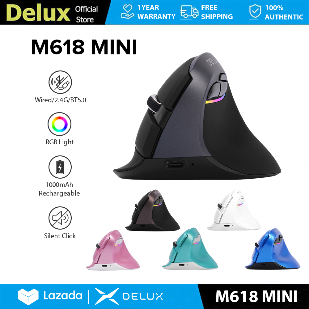 Delux M618 MINI Chuột dọc có dây & không dây Tiện dụng MAX 4000 dpi 2.4G Bluetooth 6 nút có đèn RGB Nhấp chuột im lặng Bàn tay nhỏ quang học cho PC/Laptop/Windows/Mac