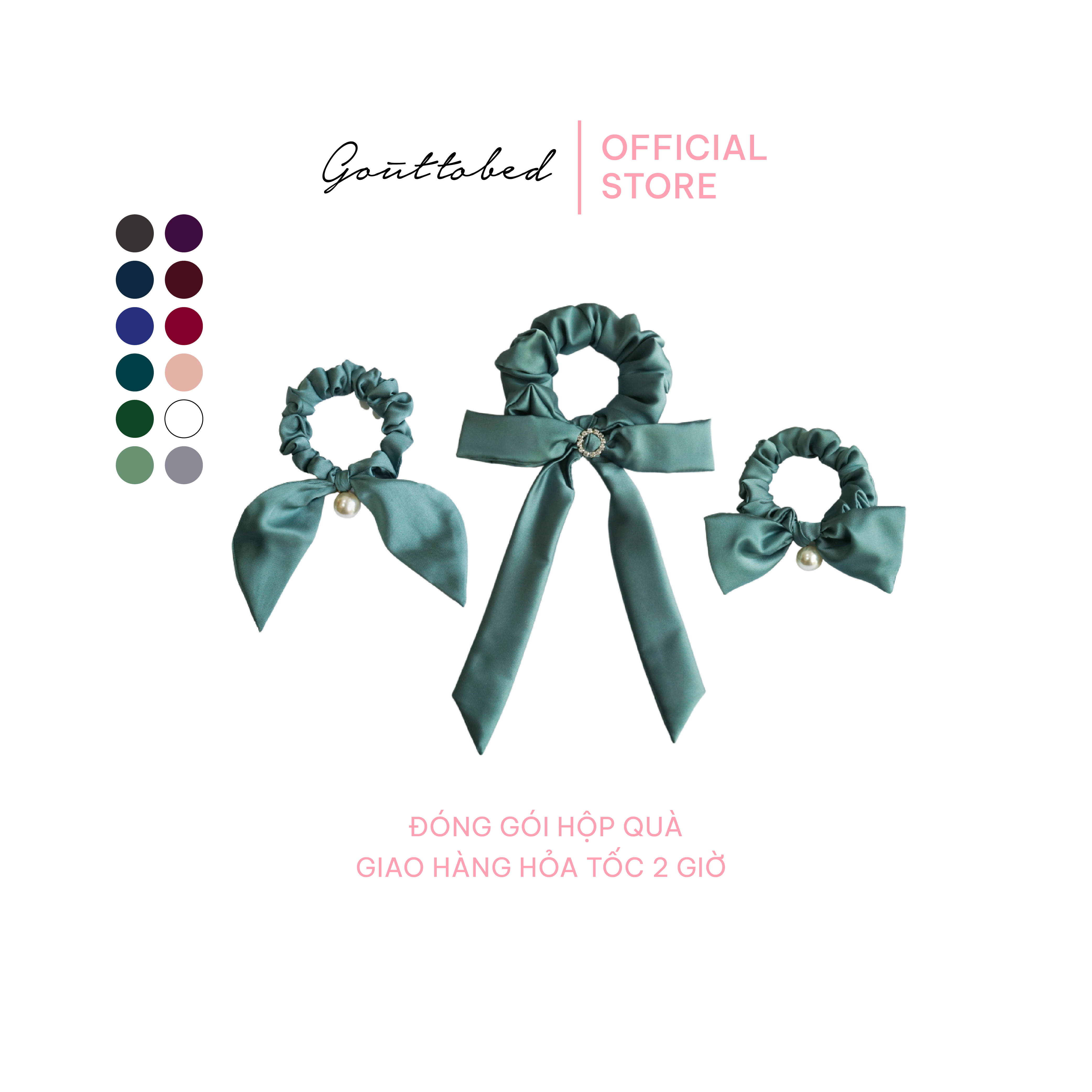 Scrunchies cột tóc nơ đính ngọc trai/đính đá Goûttobed Lụa Satin Silk
