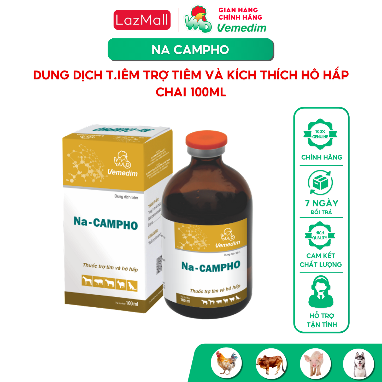 Vemedim Na-Campho, dung dịch ti.ê.m trợ tim và hô hấp cho trâu bò heo chó, chai 100ml