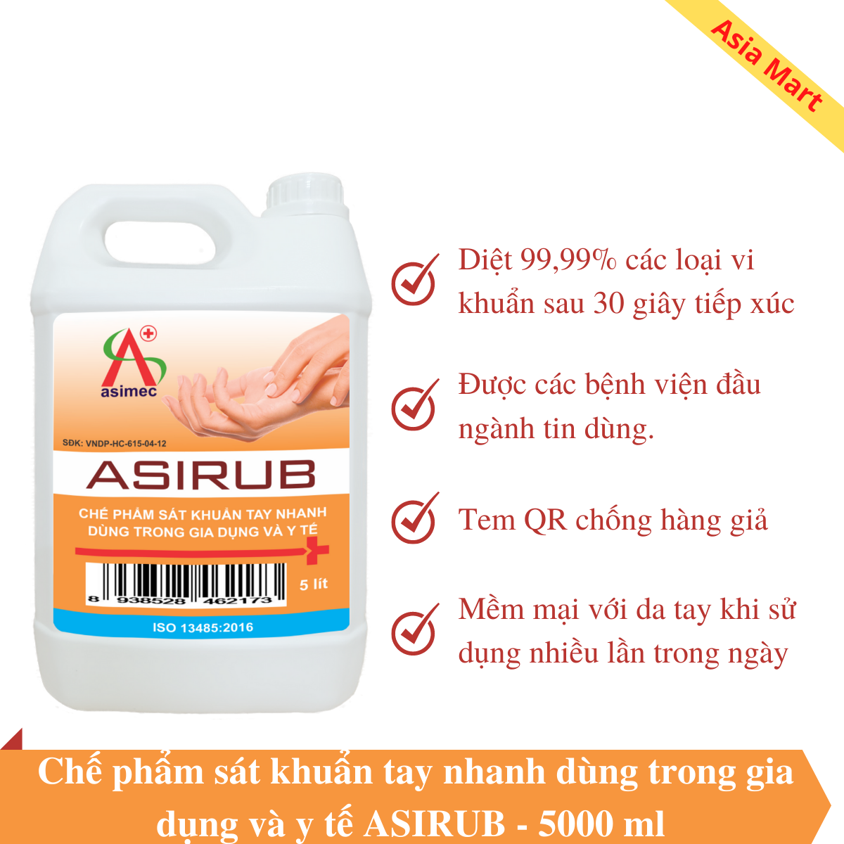 Nước rửa tay khô sát khuẩn y tế can 5 lít ASIRUB