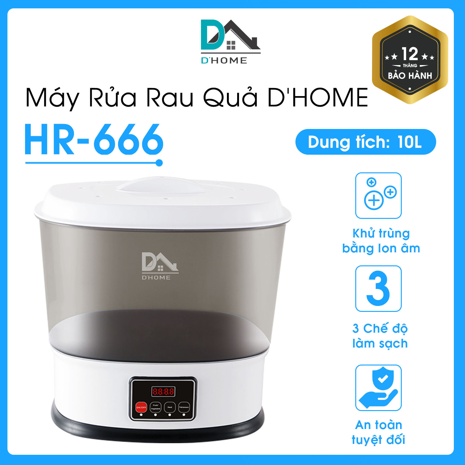 Máy Rửa Rau Củ HR-666 - Khử Trùng Thực Phẩm Rau Củ Quả, Các Loại Thịt, Thủy Hải Sản Bằng Sục Ozone 10L - Hàng Chính Hãng