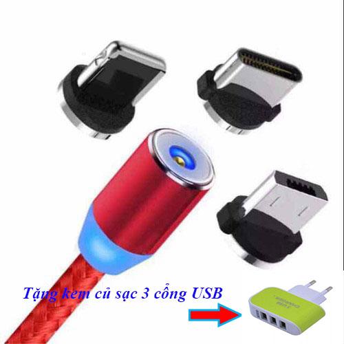 Cáp sạc 3 đầu hít nam châm. Tặng củ sạc 3 cổng USB