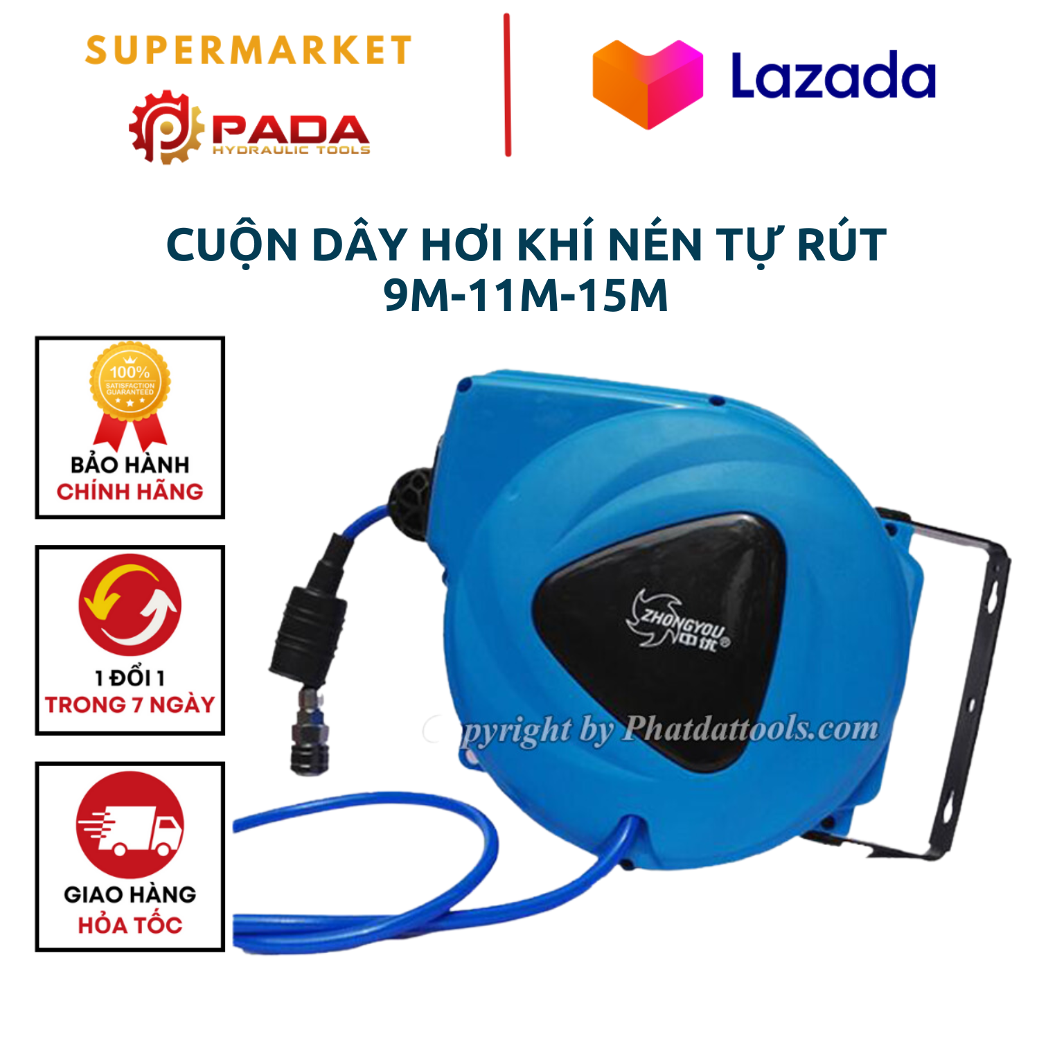 Cuộn Dây Hơi Khí Nén Tự Rút 9m-11m-15m Đài Loan cao cấp