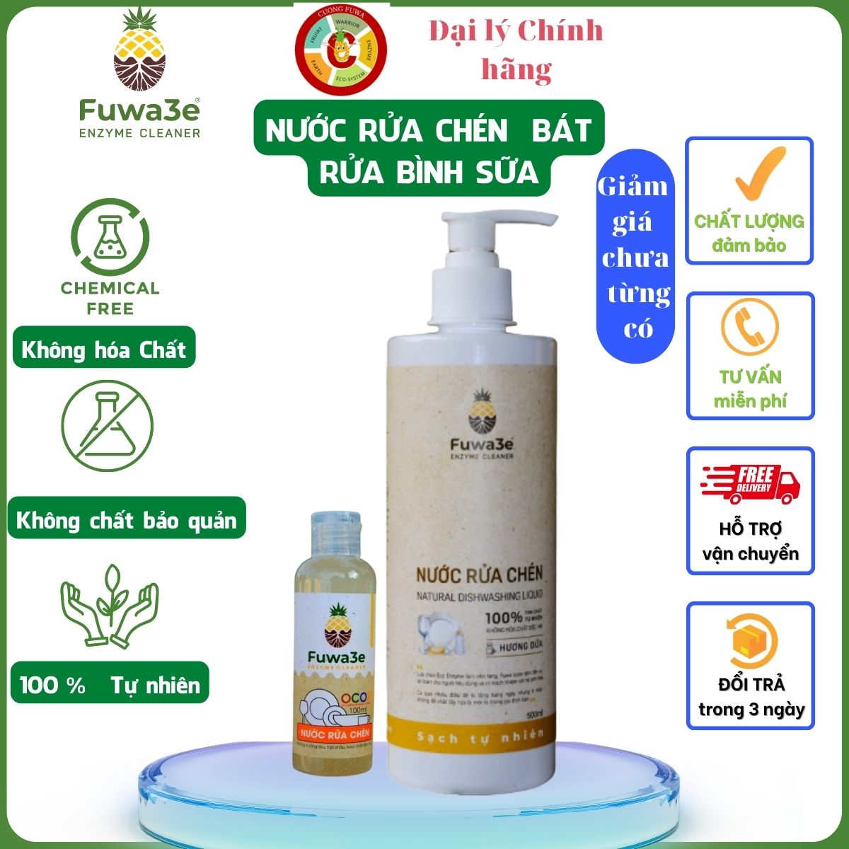 Nước rửa bình sữa,nước rửa chén,nước rửa bát,nước rửa chén hữu cơ, 100% enzyme sinh học từ dứa,bồ hòn fuwa3e 100ml,500ml