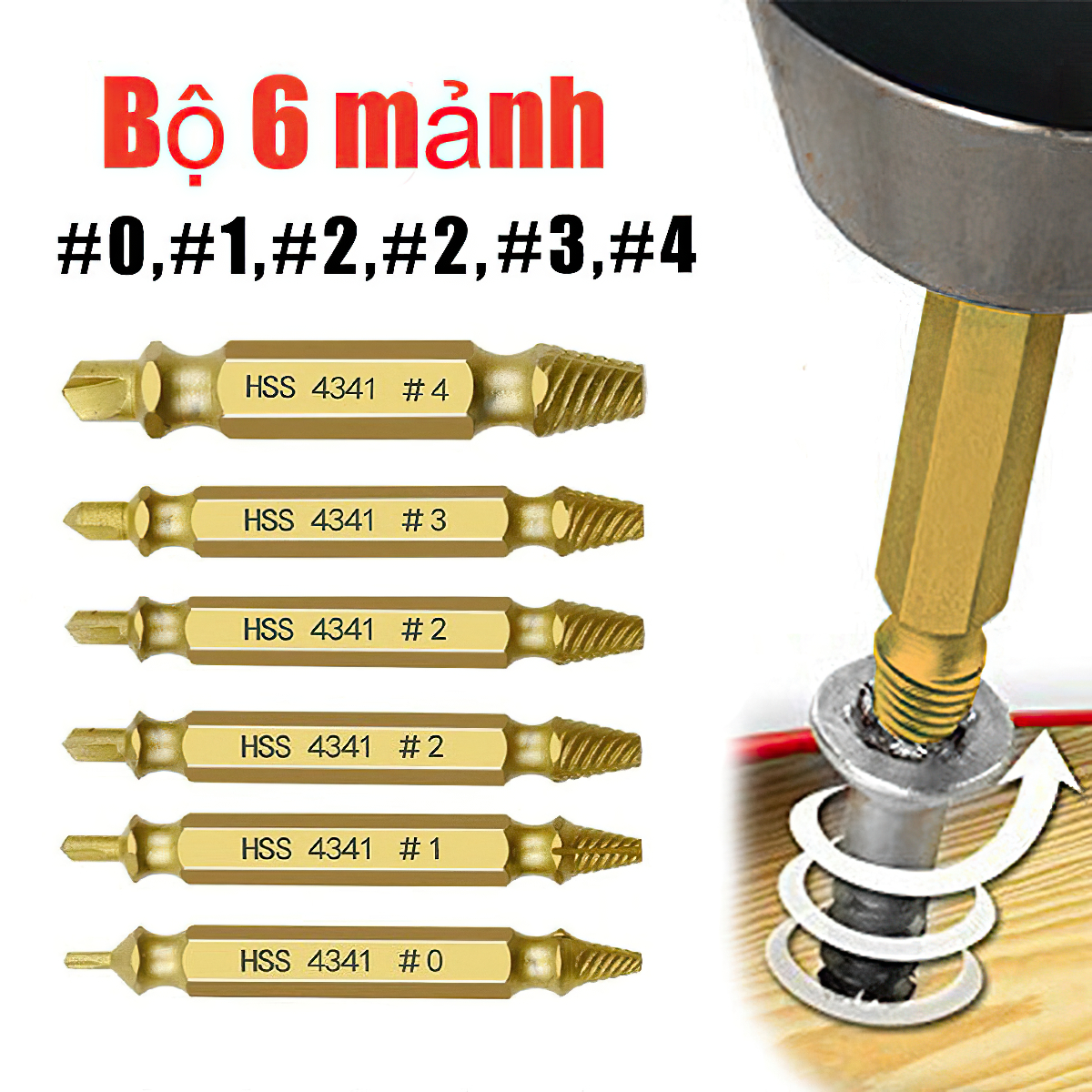Bộ 6 mũi khoan tháo vít bị hỏng, dụng cụ tháo gỡ bu lông vít bị hỏng bị tước dụng cụ phá dỡ dễ dàng lấy ra