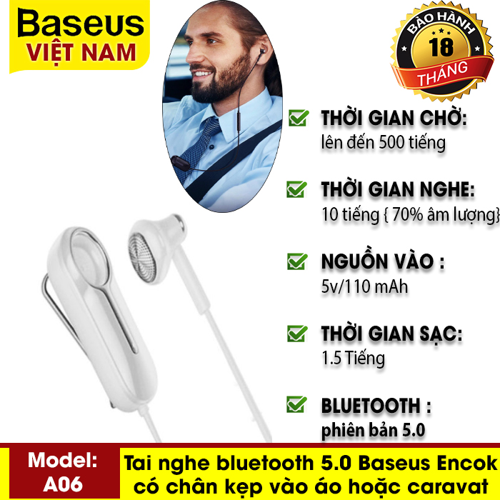 [BẢO HÀNH 12 THÁNG] Tai nghe nhét tai bluetooth 5.0 Baseus Encok A06 có chân kẹp vào áo hoặc caravat, có mic cho iPhone Xiaomi
