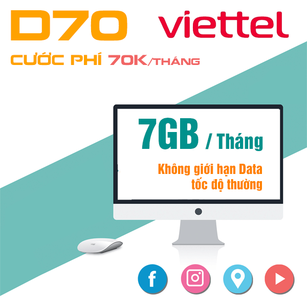 Sim data 4g viettel d70 mỗi tháng có 7gb/tháng