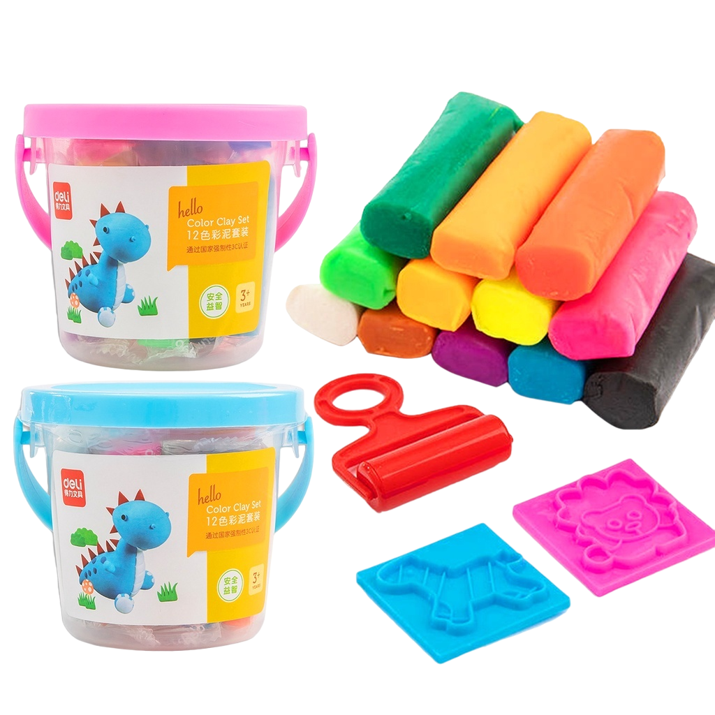 Đất nặn nhiều màu Deli - 12 màu - Chất liệu an toàn - có khuôn kèm - 01 hộp nhựa có quai xách