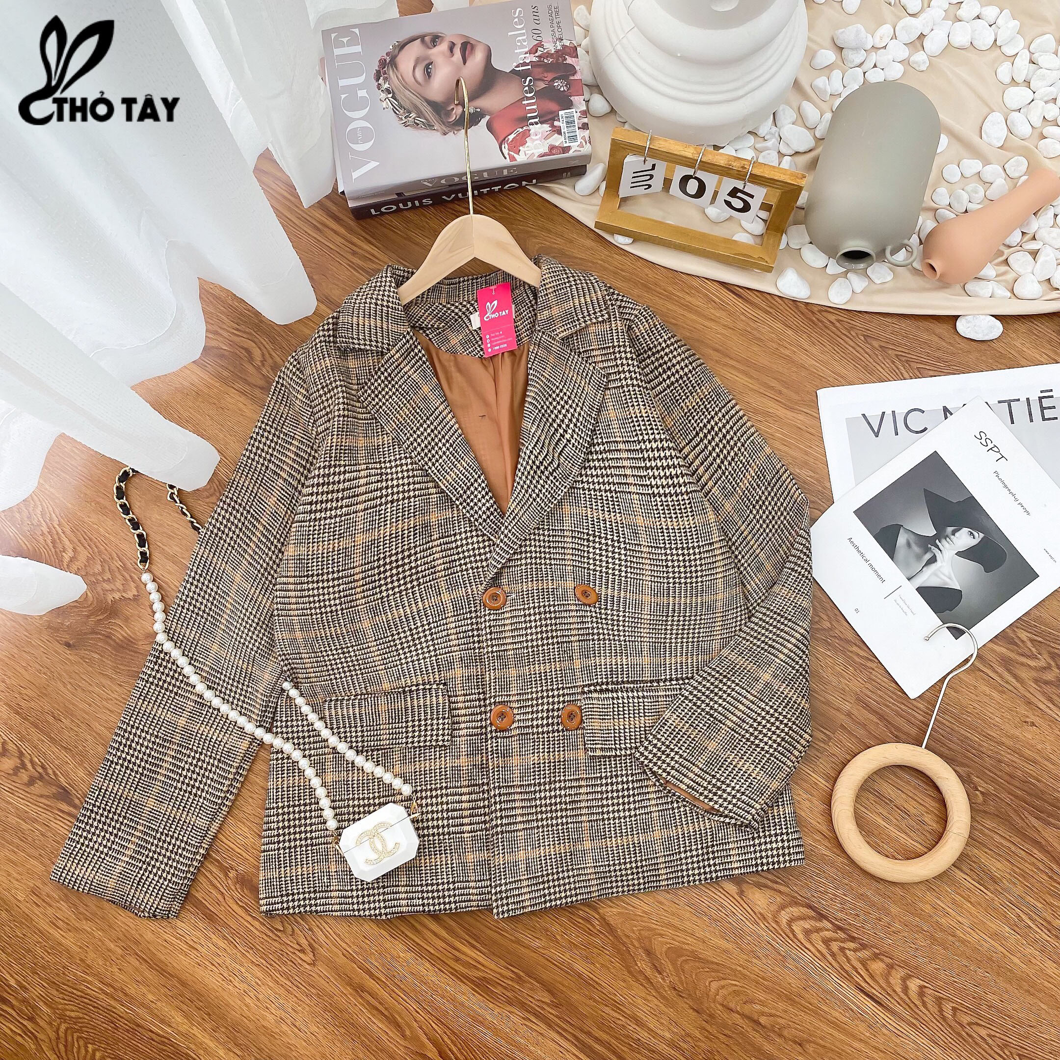 Áo khoác vest dạ kẻ sọc - thỏ tây a289c252nau