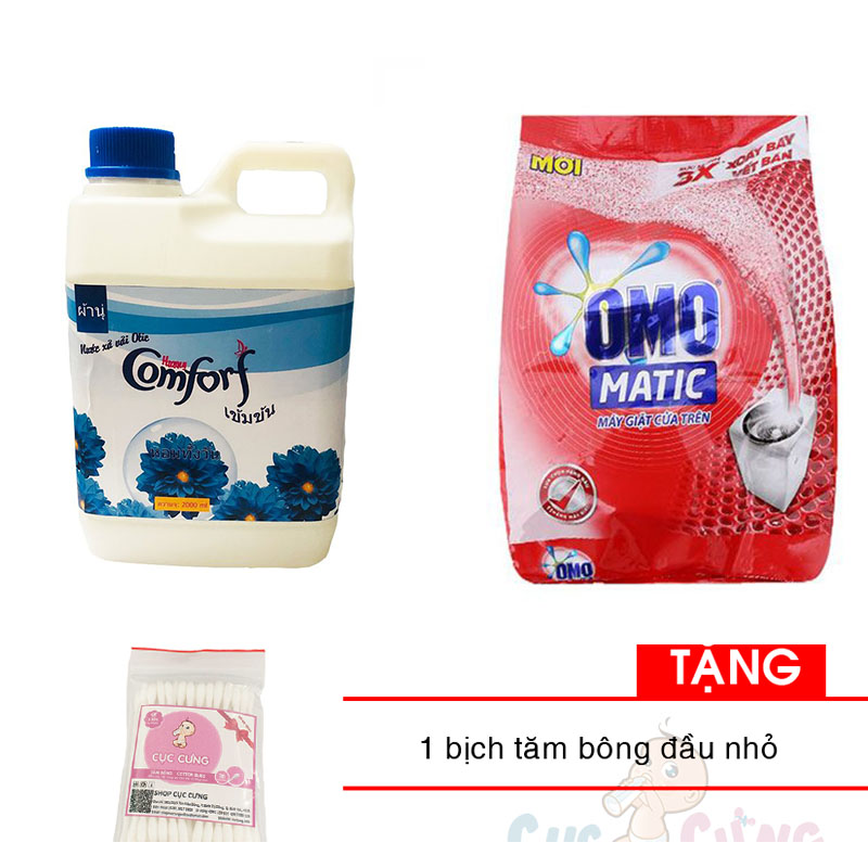 SET Nước xả vải hương Comfort Thái Lan 2L BAN MAI + Bột giặt OMO MATIC 6kg cho máy giặt cửa trên Tặng 1 bịch tăm bông đầu nhỏ
