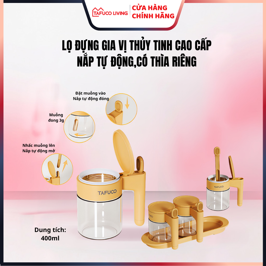 Lọ, Hũ đựng gia vị TAFUCO bằng thủy tinh kèm muỗng, có nắp thiết kế cơ chế tự động đóng mở, dung tích 400ml