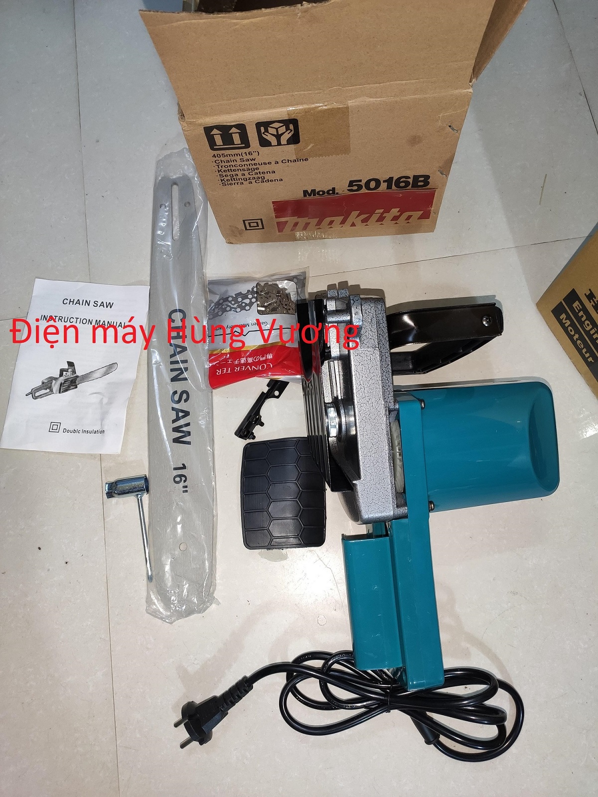 Máy cưa xích điện Makita 5016B, Made in Thailand, công suất 3800W, lam 16inch, xích 29 mắt cắt gỗ, bước 3/8inch, chân xích 1.3mm