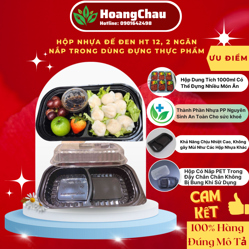 50-100 hộp đế đen ht17 2 ngăn nắp trong dùng đựng cơm, bún, thức ăn giá rẻ