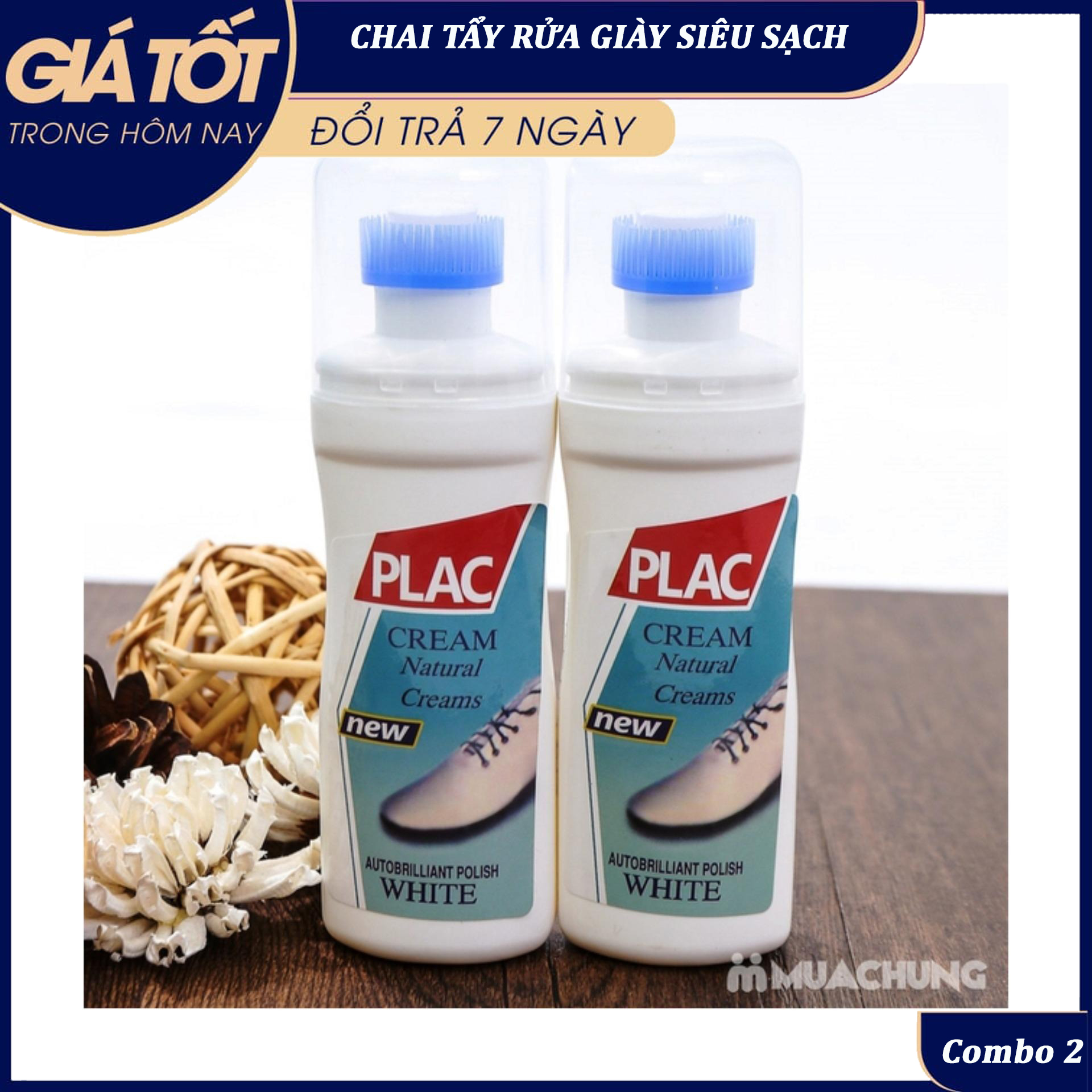 Combo 02 chai xịt tẩy trắng giày dép túi xách Plac - Lọ nước tẩy trắng giày - Combo 2 chai làm trắng giày - Loại có đầu Chà