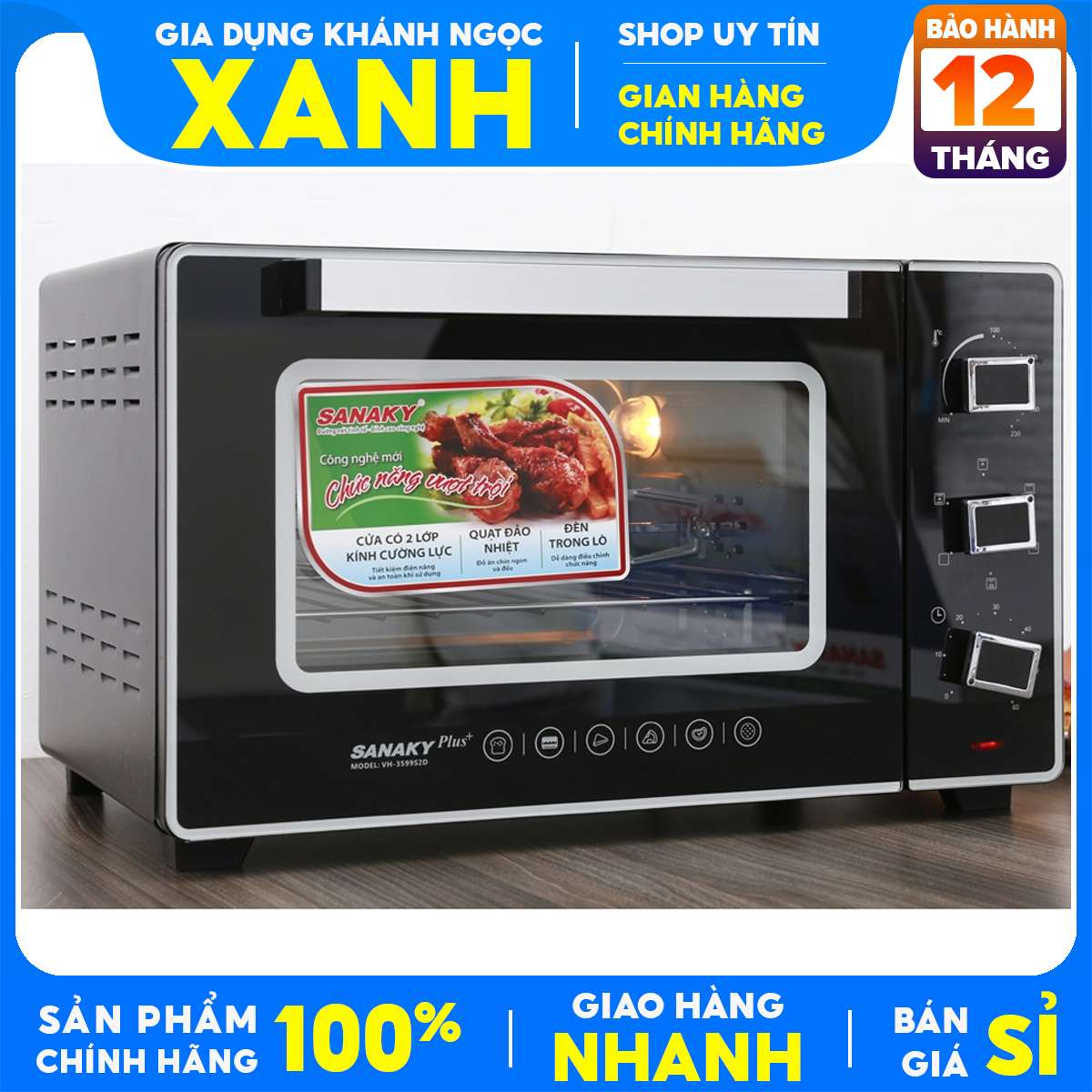 Lò nướng điện Sanaky VH3599S2D 35 lít Mới 100% Chính Hãng 5 chế độ nướng. Có chức năng xiên quay