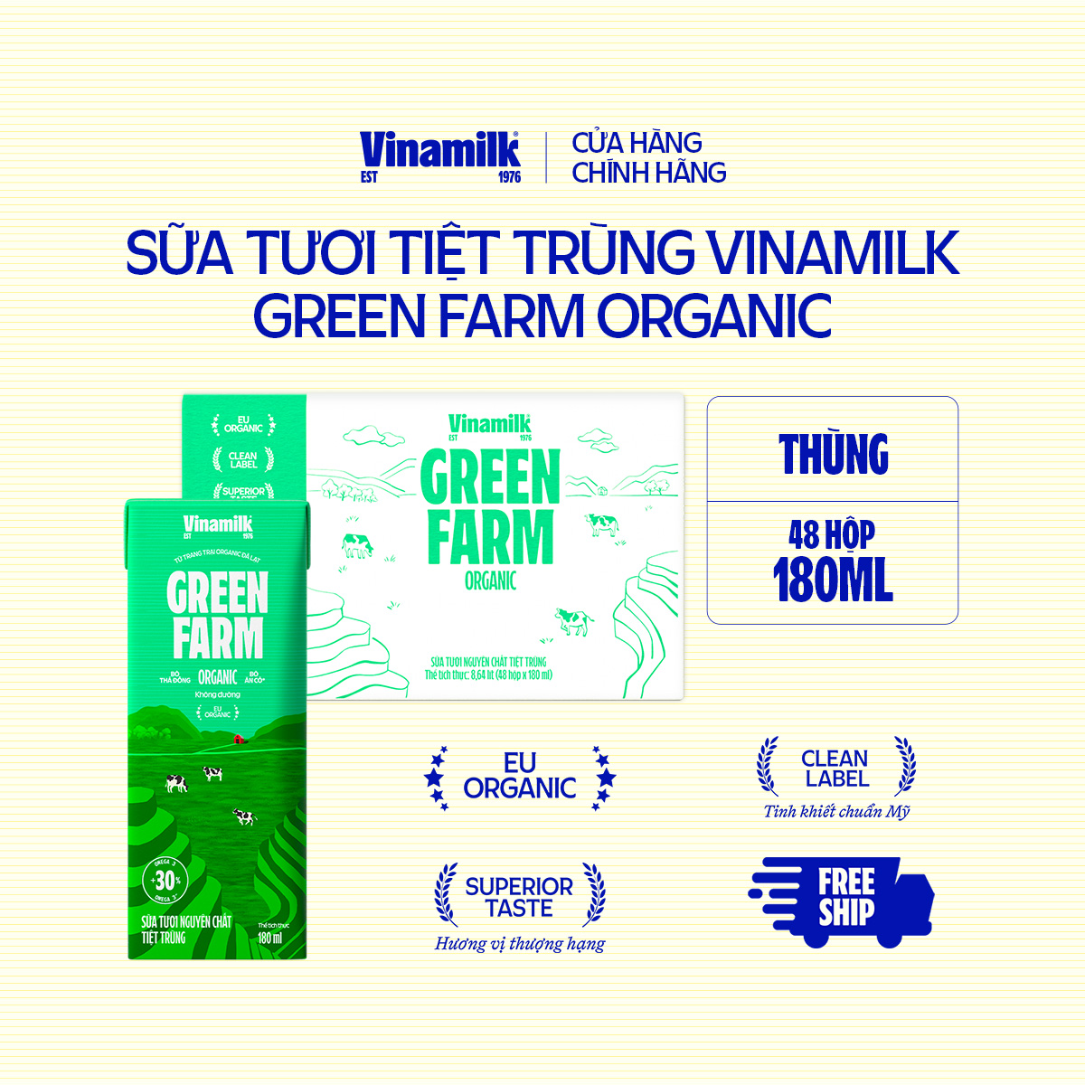 Thùng 48 hộp Sữa Tươi Tiệt Trùng Vinamilk 100 Green Farm Organic 180ml