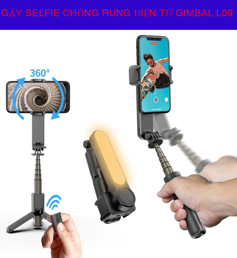 [ HOT ] Gậy Chống Rung Điện Thoại Giá Rẻ Gimbal L09 Đa Chức Năng Chống Rung Gậy Seflfie tích Hợp Đèn Led 3 Màu 3 Mức Sáng Chụp Hình - Quay Phim Bằng Bluetooth Từ Xa Quay Phim-Quay YouTube-Tiktok Mượt Mà, Sắc Nét Xoay 180 Độ