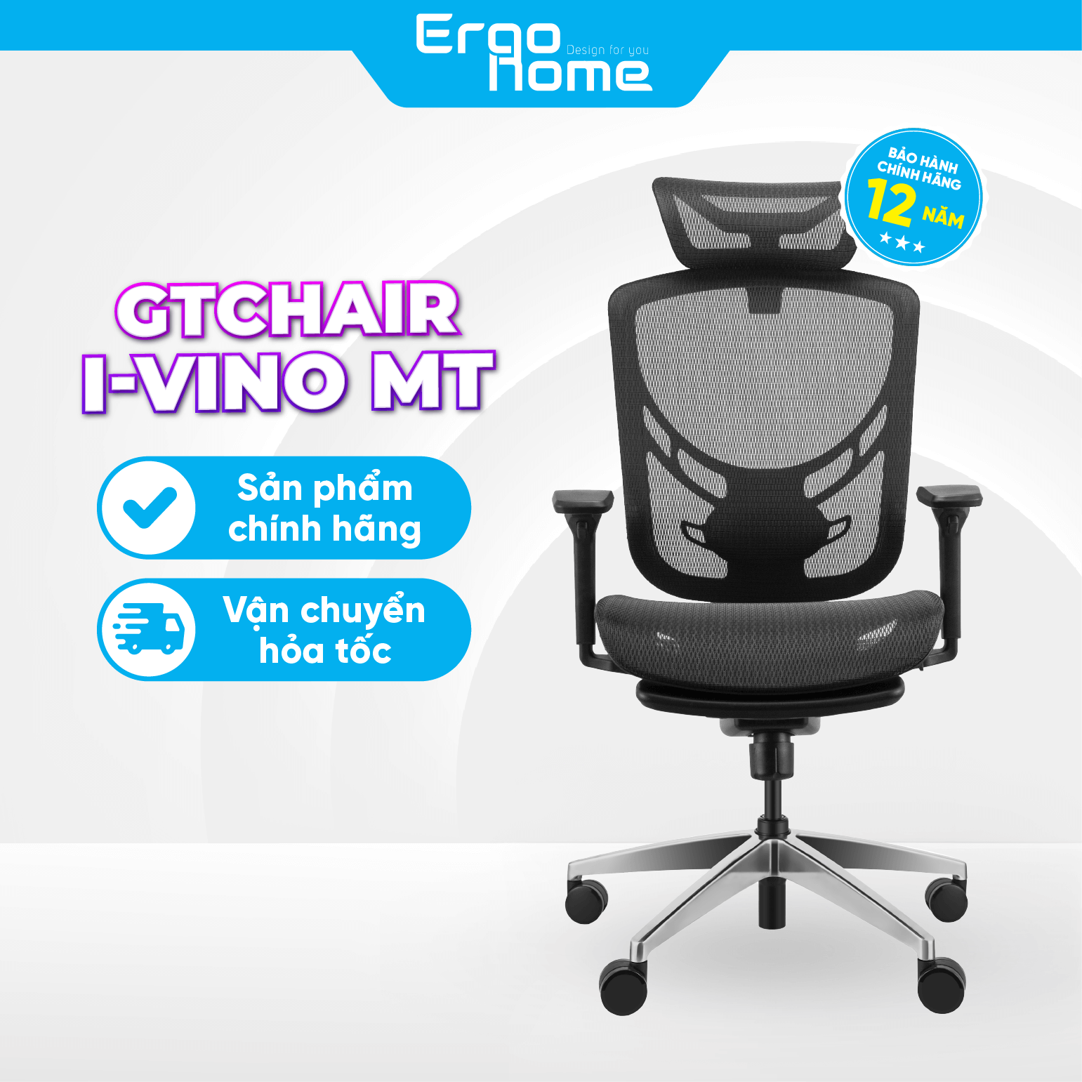 Ghế Xoay Văn Phòng GT Chair IVINO MT Công Thái Học chổng đau mỏi thắt lưng, lưới WINTEX GM, BH 12 NĂM - ERGOHOME