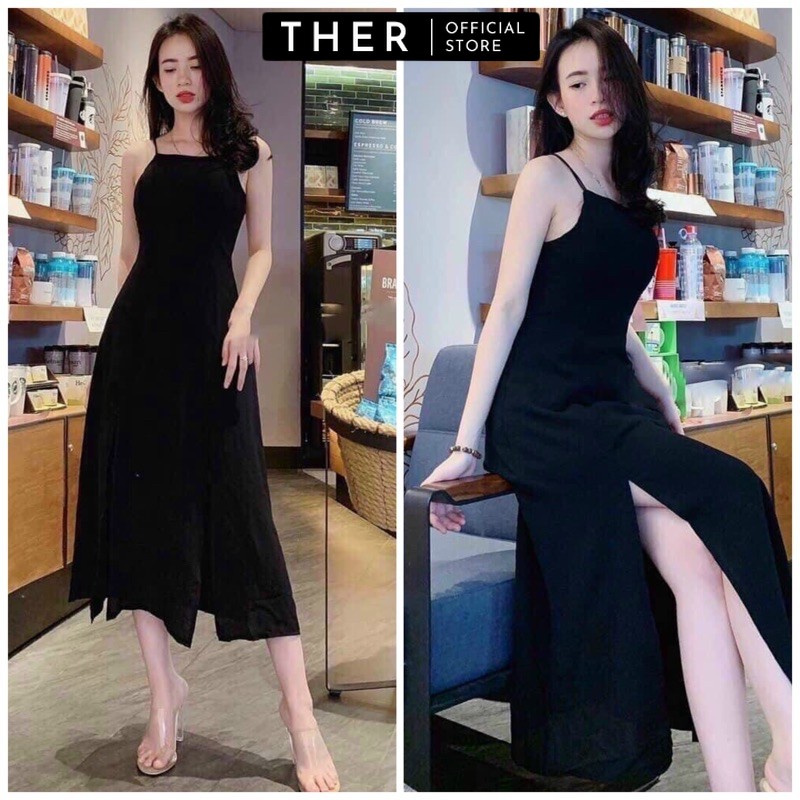 Đầm váy nữ đi biển - dự tiệc maxi trơn form dài ôm eo 2 dây quyến rũ có mút ngực xẻ tà màu đen