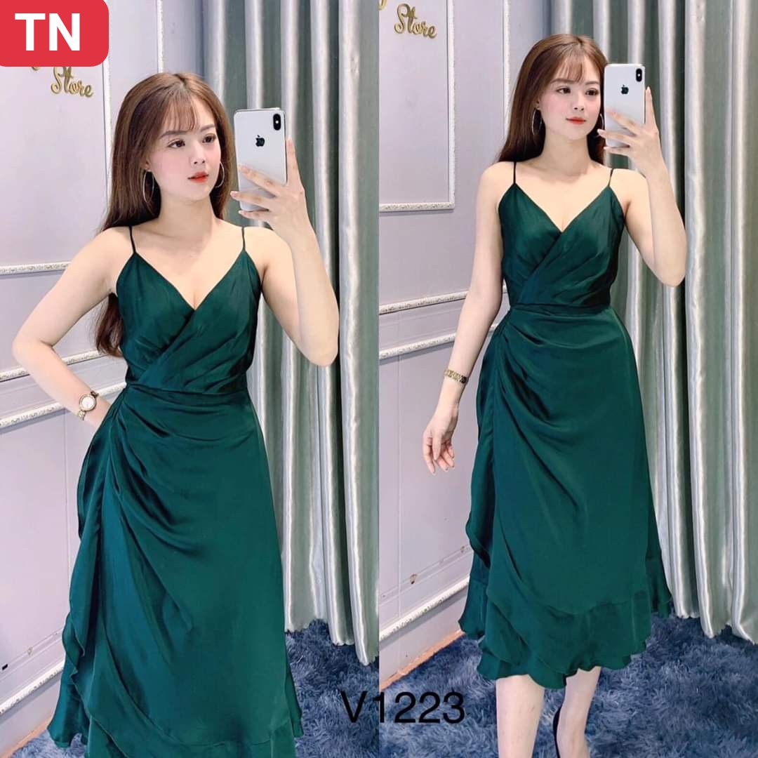 Đầm 2 dây lụa nhún sườn-QH