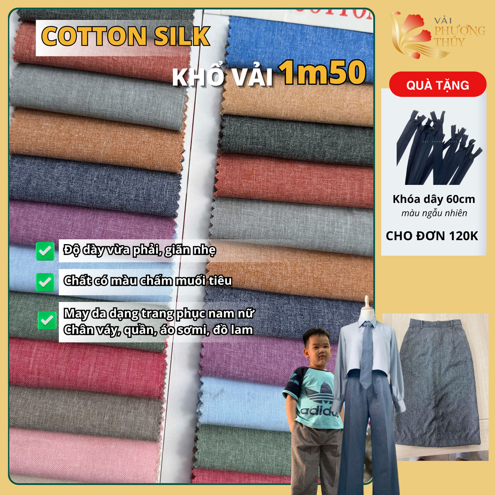  Vải lụa Cotton silk may đầm váy sơmi quần tây vải may thời trang nam nữ ít giãn lụa trơn khổ 1m50 Phượng Thúy 